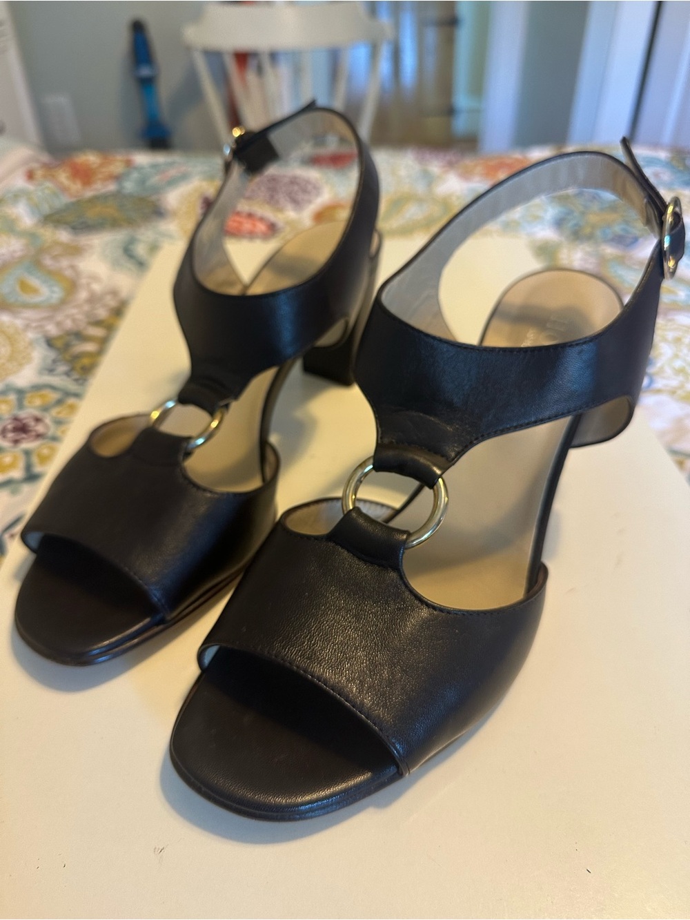 Hobbs London Black Leather Open-Toe Sandals with Gold Ring Accent